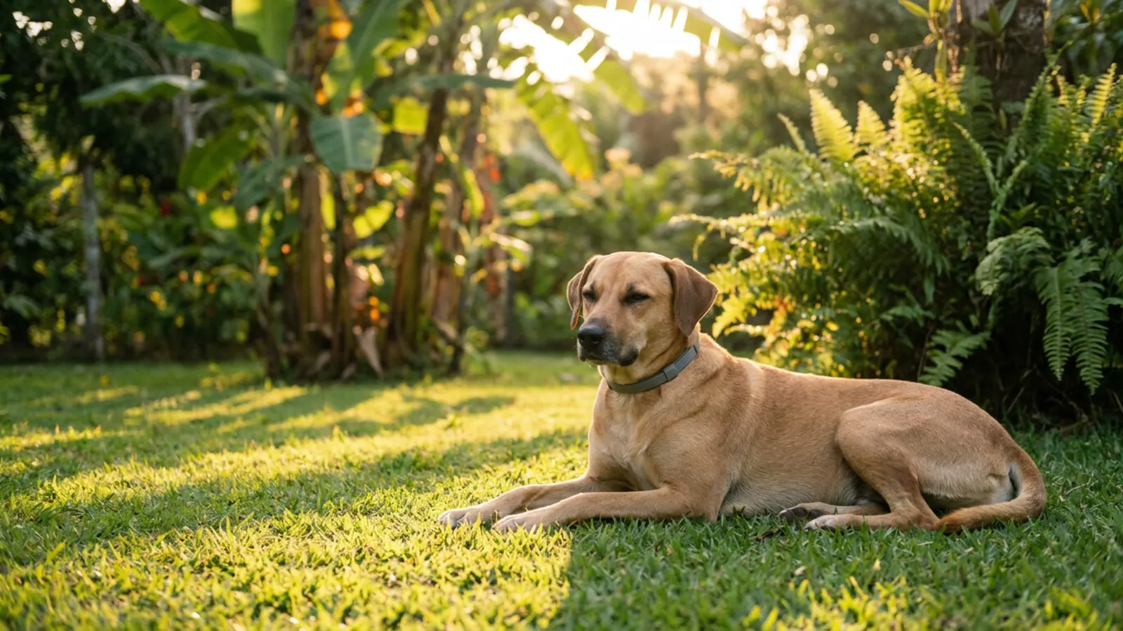 Cão em quintal ao entardecer usando coleira antiparasitária
